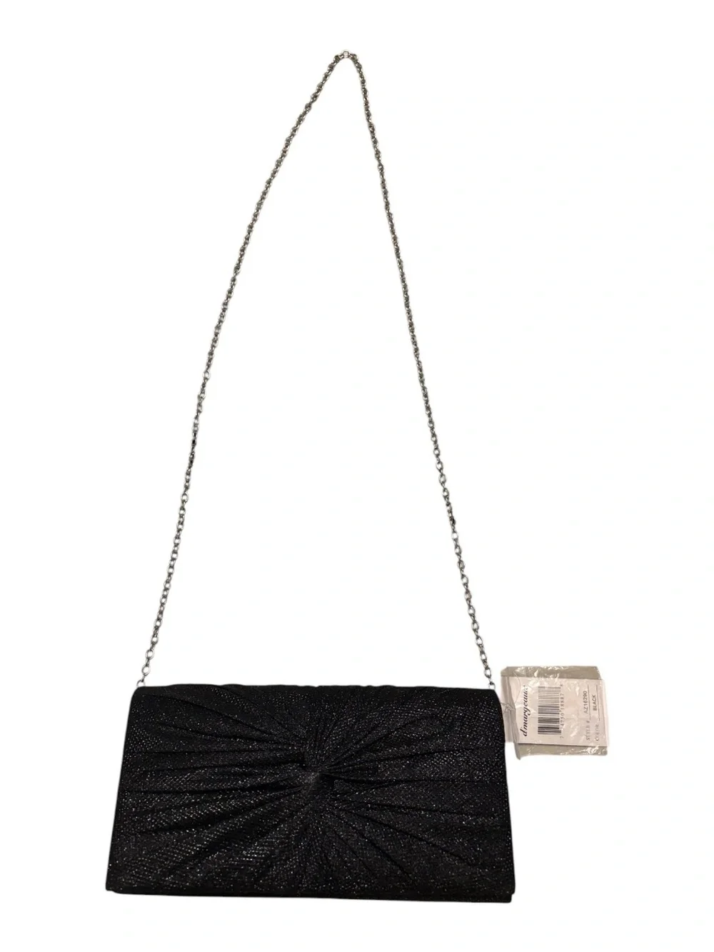 D’Margeaux New York Black Shimmer Ruched Evening Clutch with Chain Strap- Black